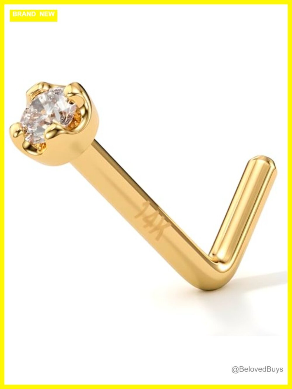 14K Solid Gold Nose Ring Stud 1.5mm Genuine Diamond L-Shaped 20 Gauge Body